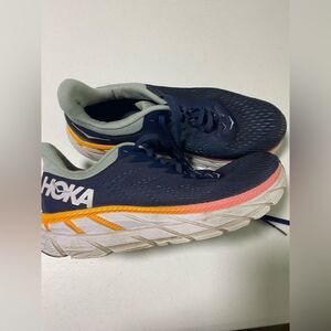 Hoka One Clifton 7 running shoe blue colorway orange used condition womans 8.5